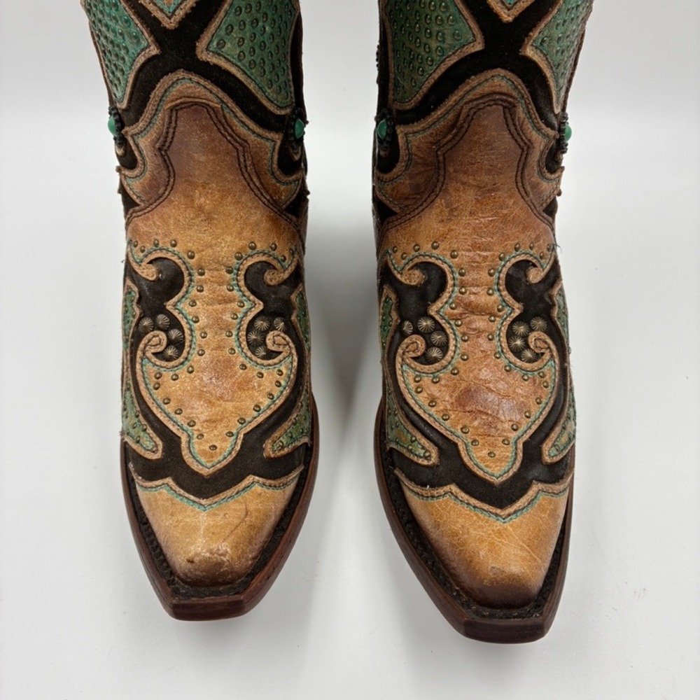 Corral Boots Women's Saddle Brown Teal Leather Inlay Western Snip Toe 6 M - Picture 10 of 16